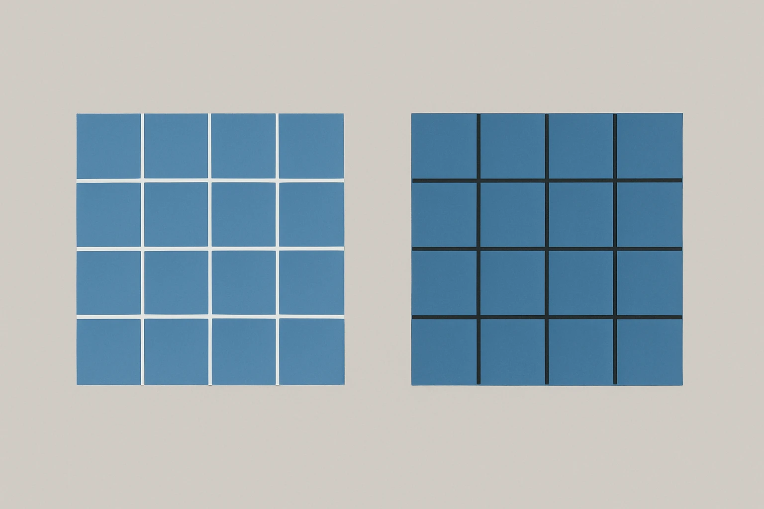 Two grids of identical blue squares demonstrating the Bezold Effect: one separated by thin white lines appearing lighter, the other separated by thin black lines appearing deeper and more saturated
