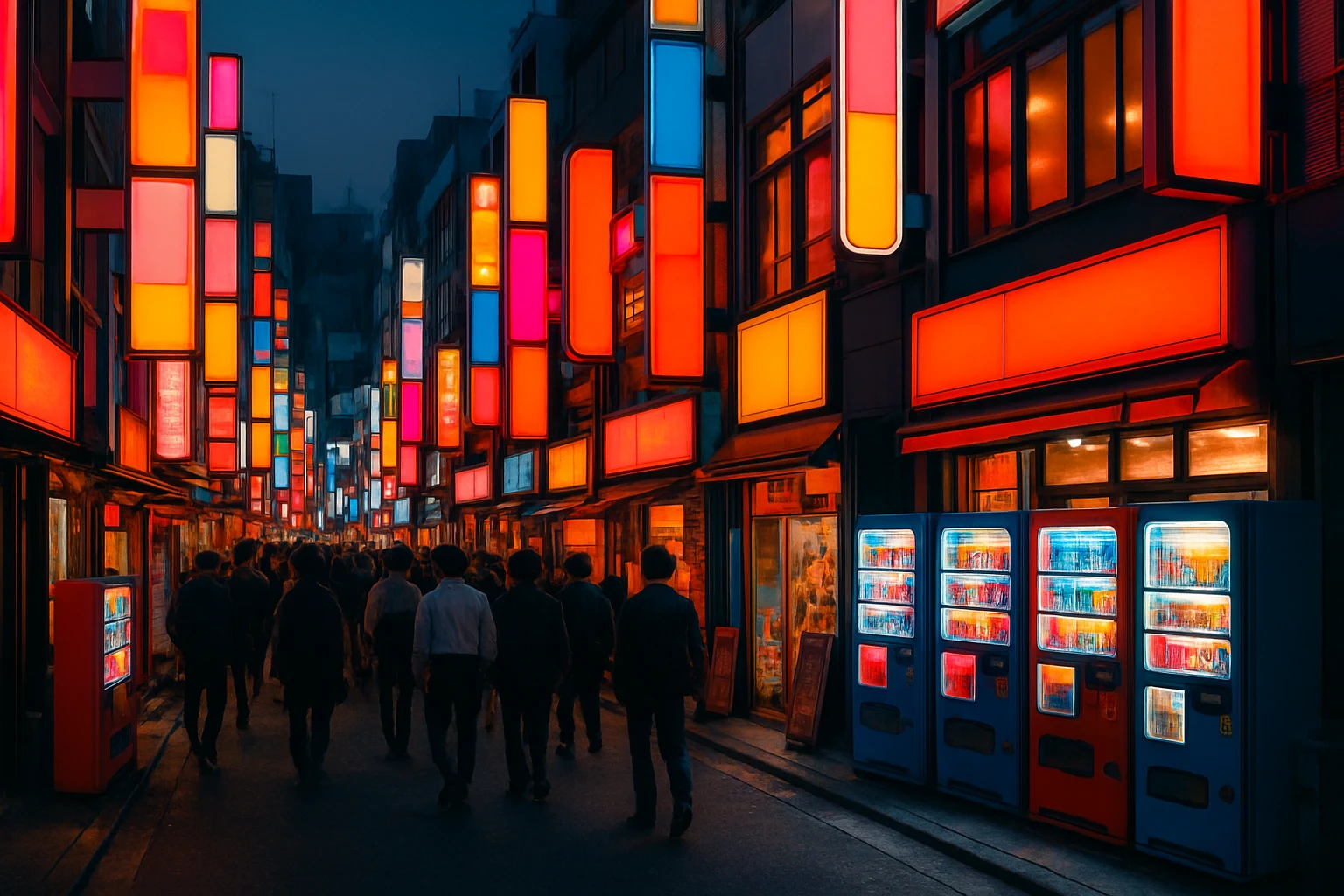A densely packed Japanese commercial street at dusk showing layered illuminated signage, vending machines, and bright storefronts competing for visual attention among crowds of pedestrians