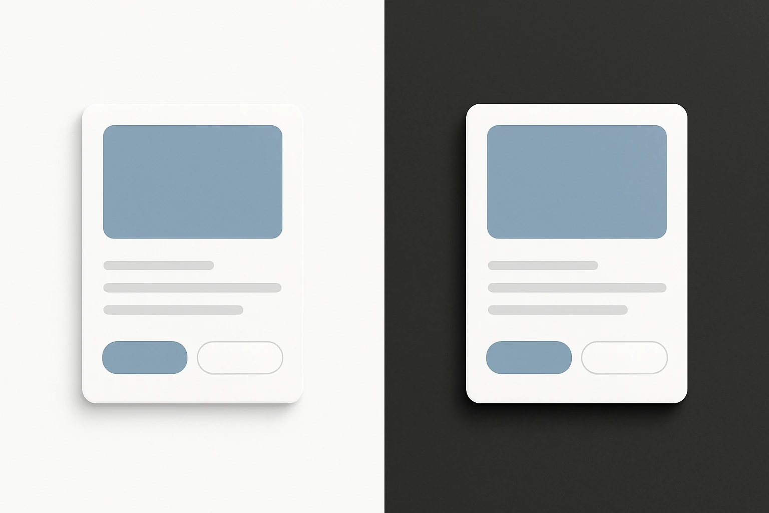 Side-by-side comparison of an identical UI card mockup displayed on a white canvas versus a charcoal canvas, demonstrating how the same design reads differently depending on its surrounding environment.