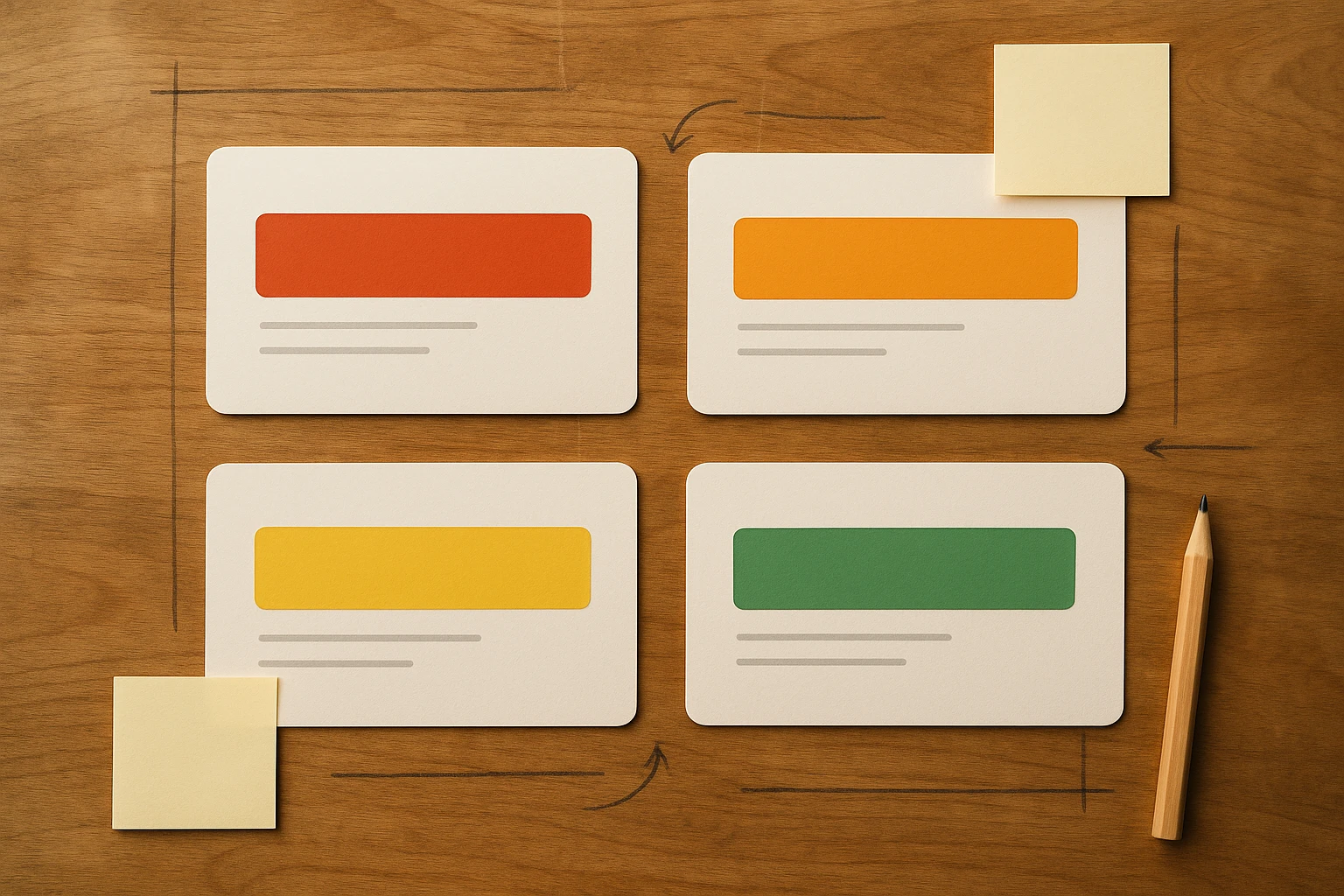 Flat-lay arrangement of UI design mockup cards showing different colored alert banners in red, orange, yellow, and green, with handwritten annotations on sticky notes surrounding them