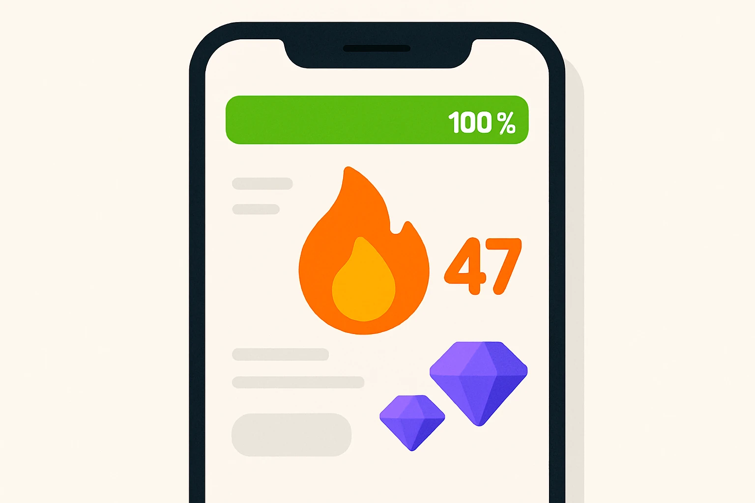 Illustrated mobile screen showing a lesson completion interface with a green progress bar, orange streak flame, and purple gem counter demonstrating Duolingo's three-color behavioral system