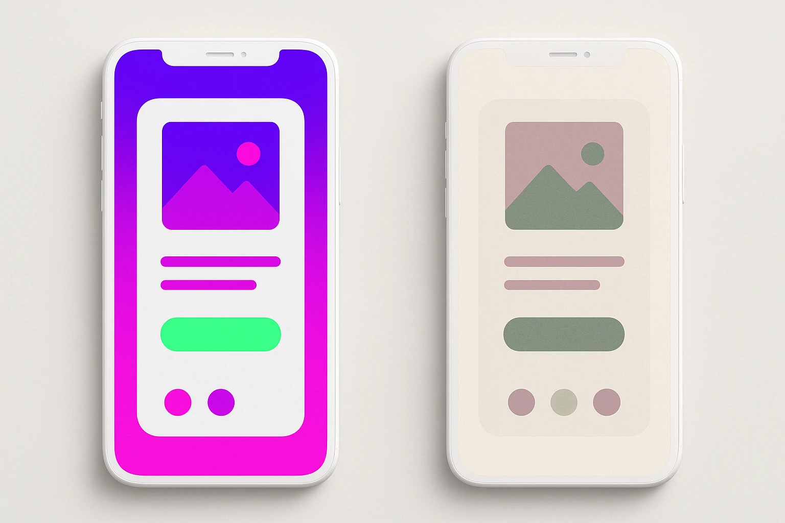 Side-by-side comparison of a hyper-saturated dopamine-era app interface versus a 2026 muted, desaturated redesign of the same layout, showing the dramatic shift in color approach.