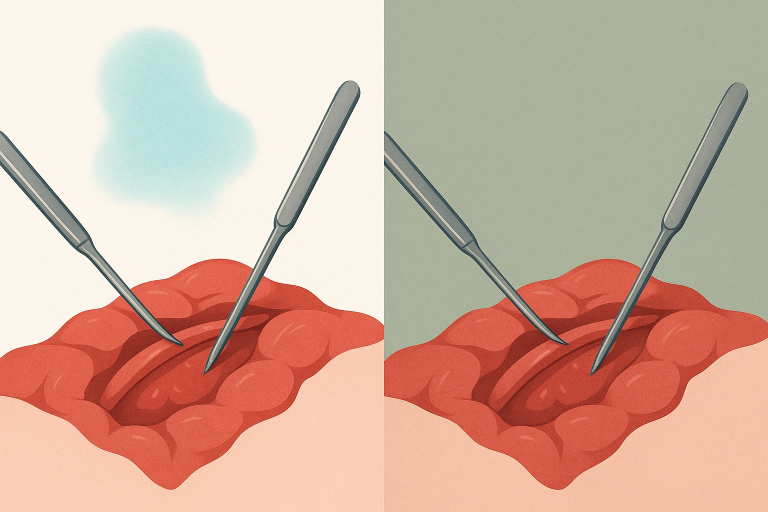 Side-by-side illustration comparing a red surgical field against a white background showing a cyan afterimage ghost versus the same field against sage green where the afterimage is neutralized
