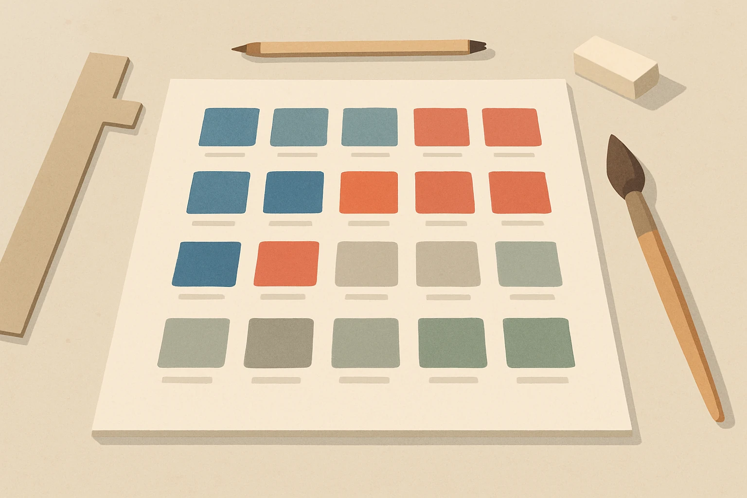Illustration of a static color style guide with rows of flat color swatches arranged in a grid, representing the traditional approach to documenting design system colors