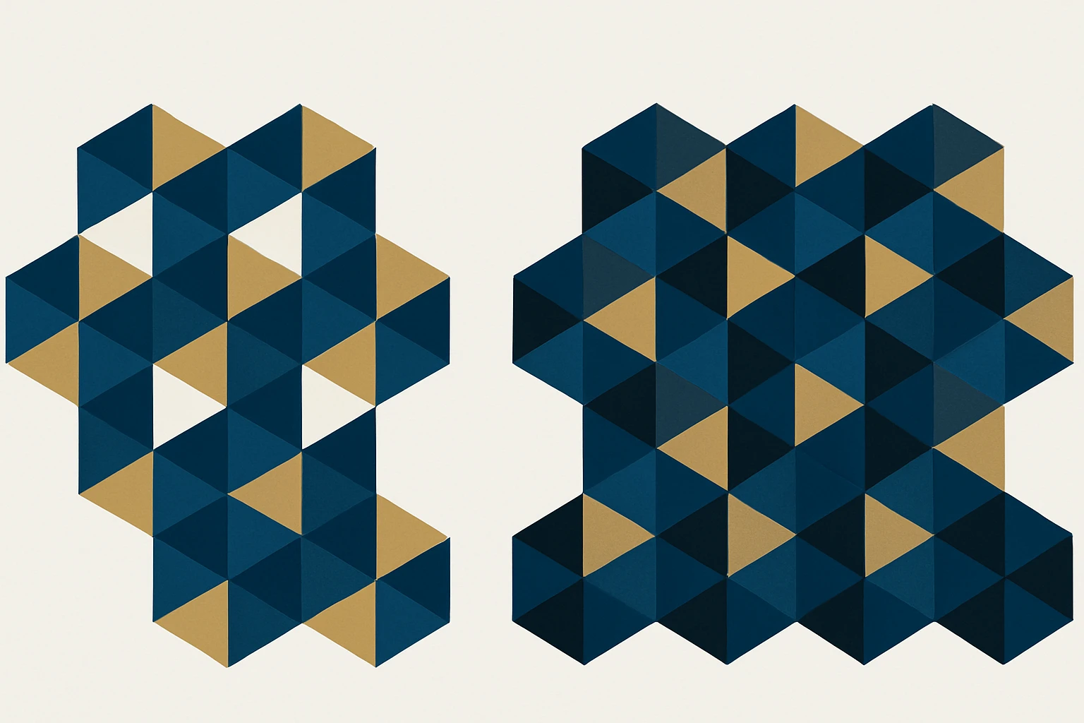 Side-by-side comparison of two identical geometric tile patterns where only one color has been swapped from white to black, demonstrating how the unchanged navy and gold colors appear perceptually different in each version due to the Bezold Effect.