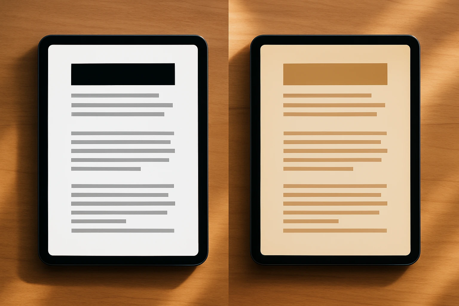 Side-by-side comparison of a harsh high-contrast reading interface versus a softer, warm-tinted reading interface on two tablets