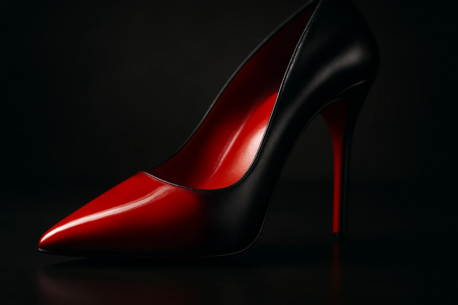 Close-up of a high-heeled pump showing a vivid red lacquered sole contrasting against a black leather upper, illustrating the signature color trademark at the center of landmark fashion lawsuits.