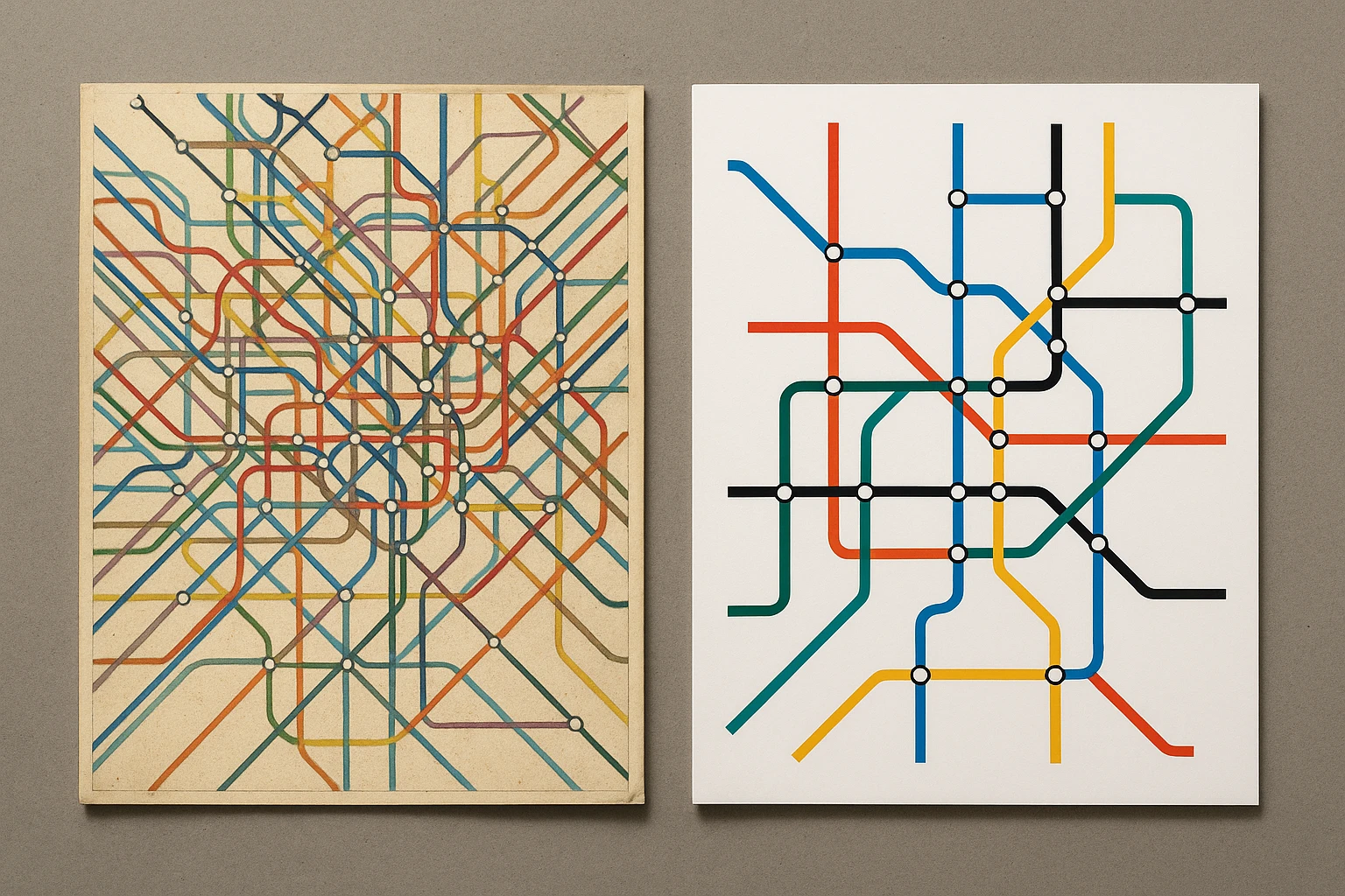 Side-by-side comparison of a cluttered 1960s New York subway map and a clean modernist diagrammatic map showing the shift to systematic color coding