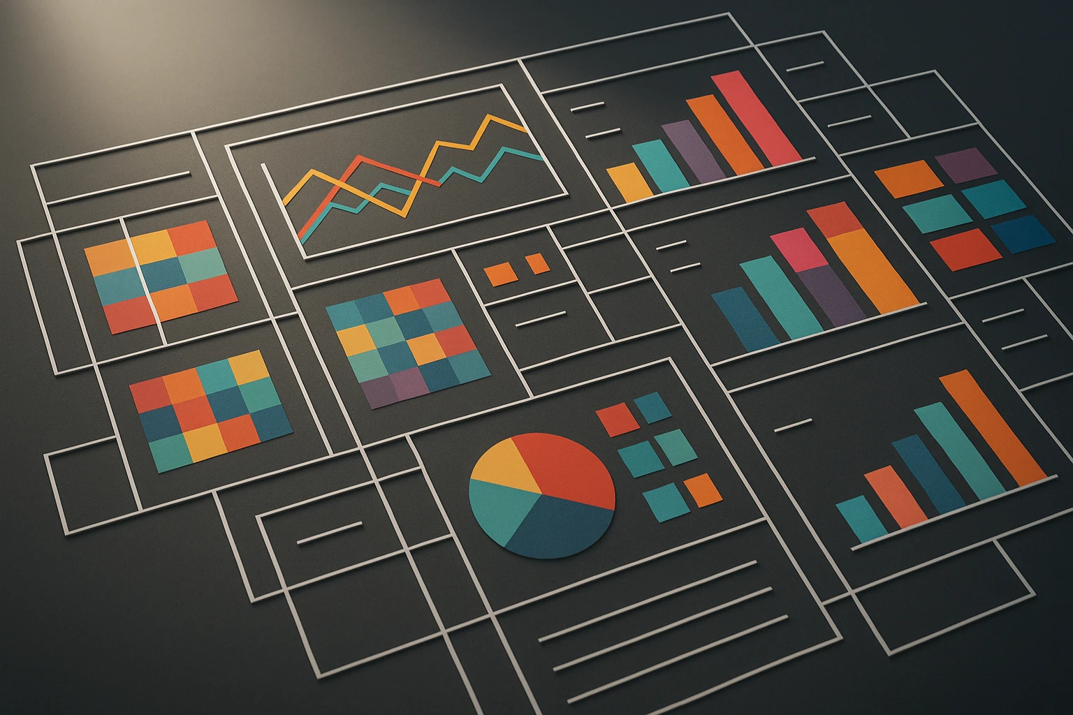 Overhead view of a complex dashboard wireframe with numerous colorful chart elements demonstrating the challenge of managing many data colors on a single screen