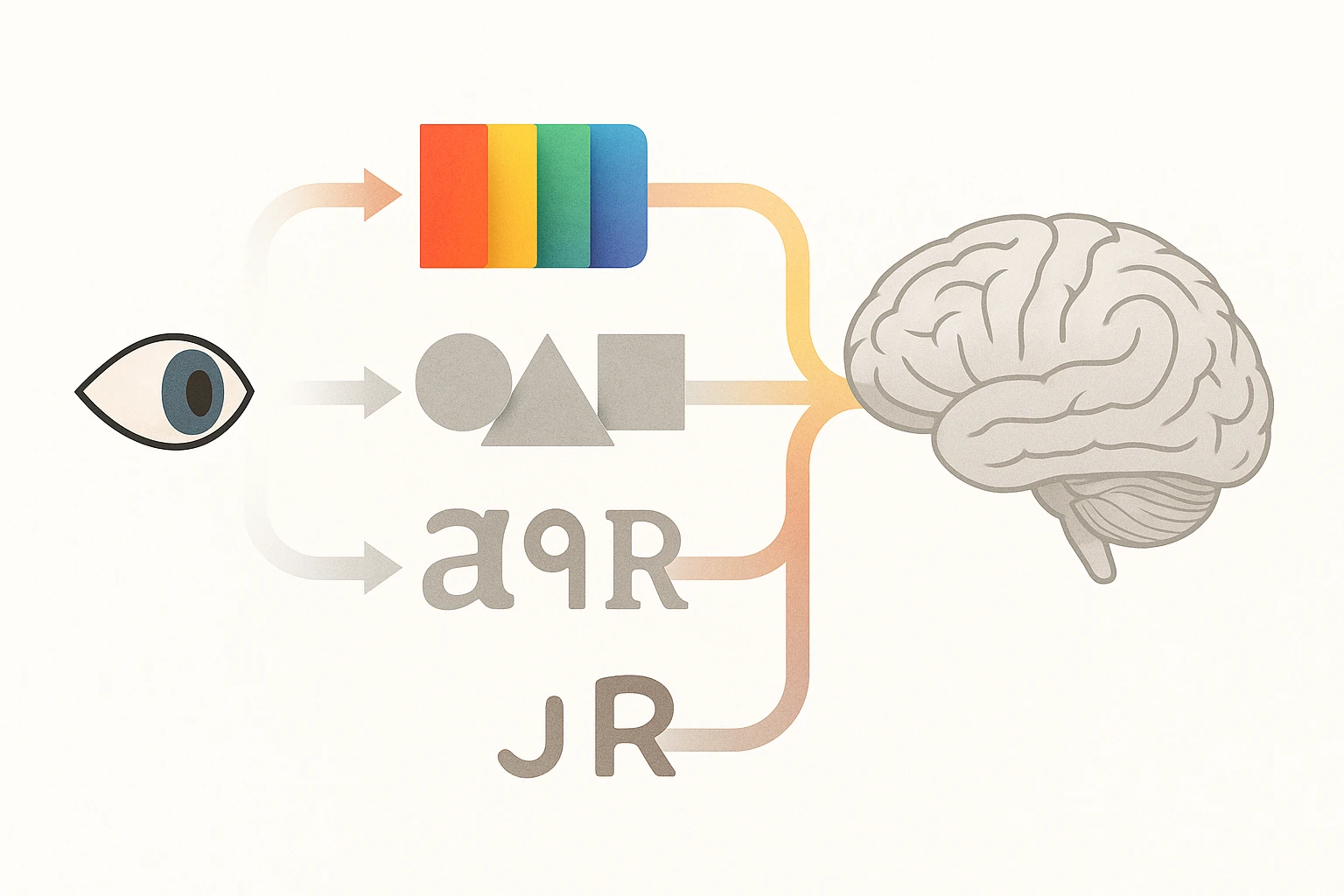 Diagram illustrating the brain's visual processing hierarchy, showing color being processed before shape and text in sequence after light enters the eye