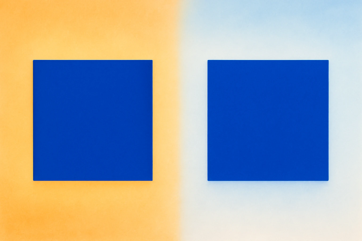 Illustration showing how the same blue color square appears to shift in perceived hue depending on whether the surrounding ambient light is warm or cool, demonstrating chromatic adaptation