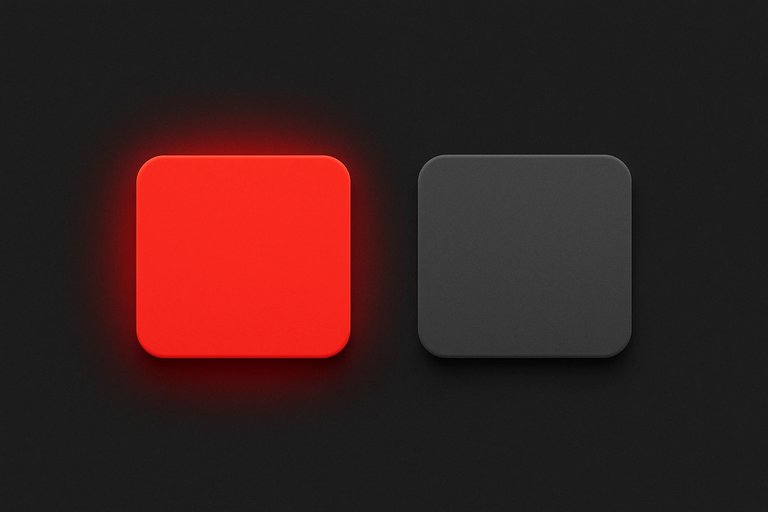 Side-by-side comparison of a saturated red button and an equiluminant gray button on a dark background, demonstrating how the red appears to glow while the gray stays flat despite identical measured luminance.