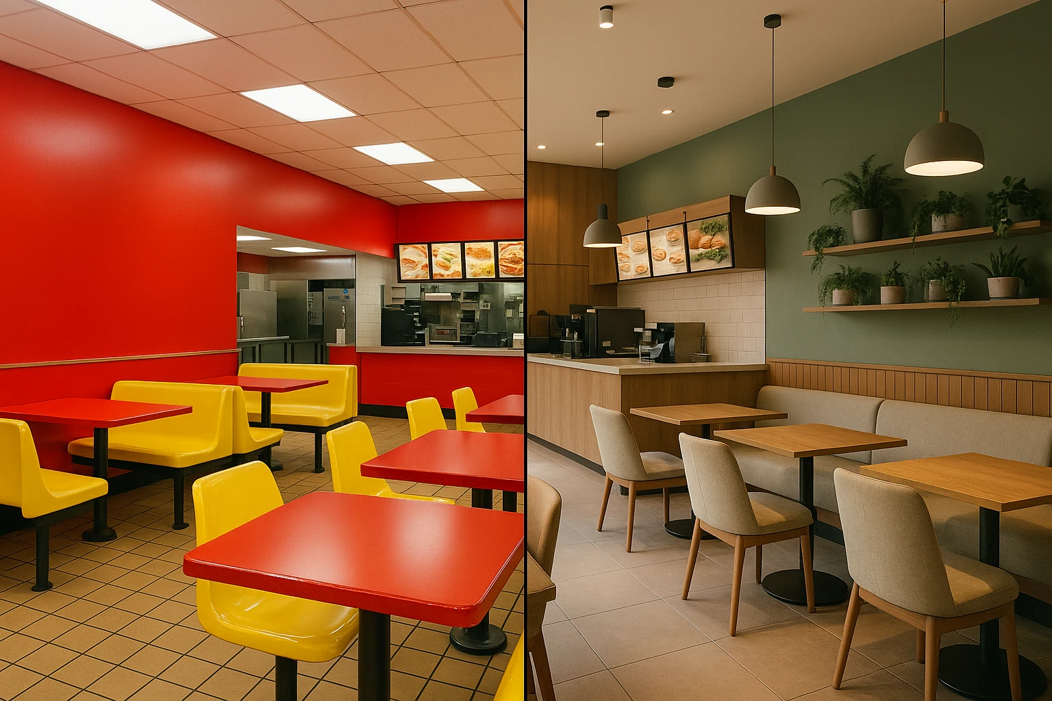 Side-by-side comparison of a classic red-and-yellow fast food interior versus a modern 2026 renovation featuring sage green walls, warm wood, and matte finishes