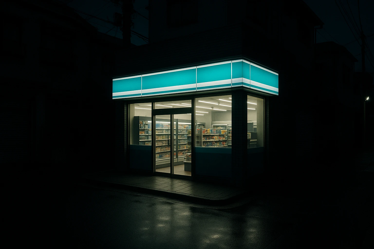 A brightly lit Japanese convenience store glowing on a dark, quiet residential street at night, with colorful light spilling onto the sidewalk while surrounding buildings remain dark and shuttered.