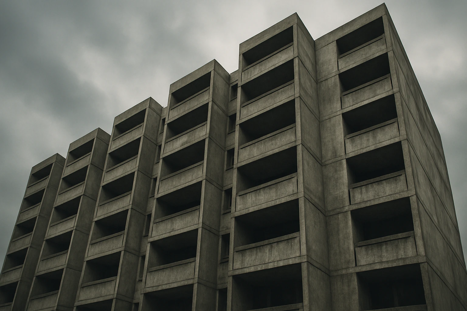 A weathered Brutalist concrete housing estate photographed from below, showing repetitive geometric balconies against an overcast sky