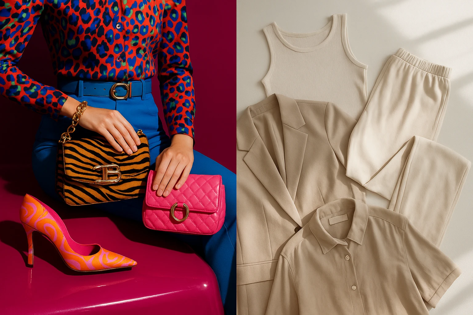 Split composition contrasting maximalist logo-heavy fashion of the early 2000s with the spare, neutral-toned aesthetic of contemporary quiet luxury