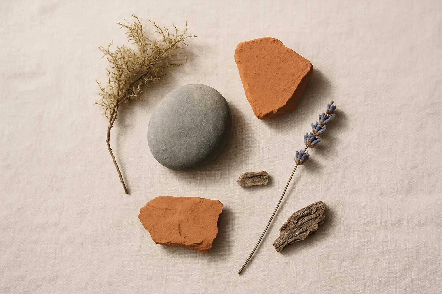 Flat-lay arrangement of natural materials including moss, river stone, terracotta clay, lavender, and bark on a linen surface, representing the organic source materials of biophilic color palettes