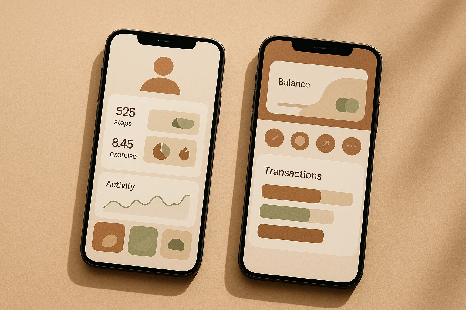 Modern UI mockups of wellness and fintech apps using earthy brown and cream color palettes, demonstrating the shift toward warm earth tones in digital design