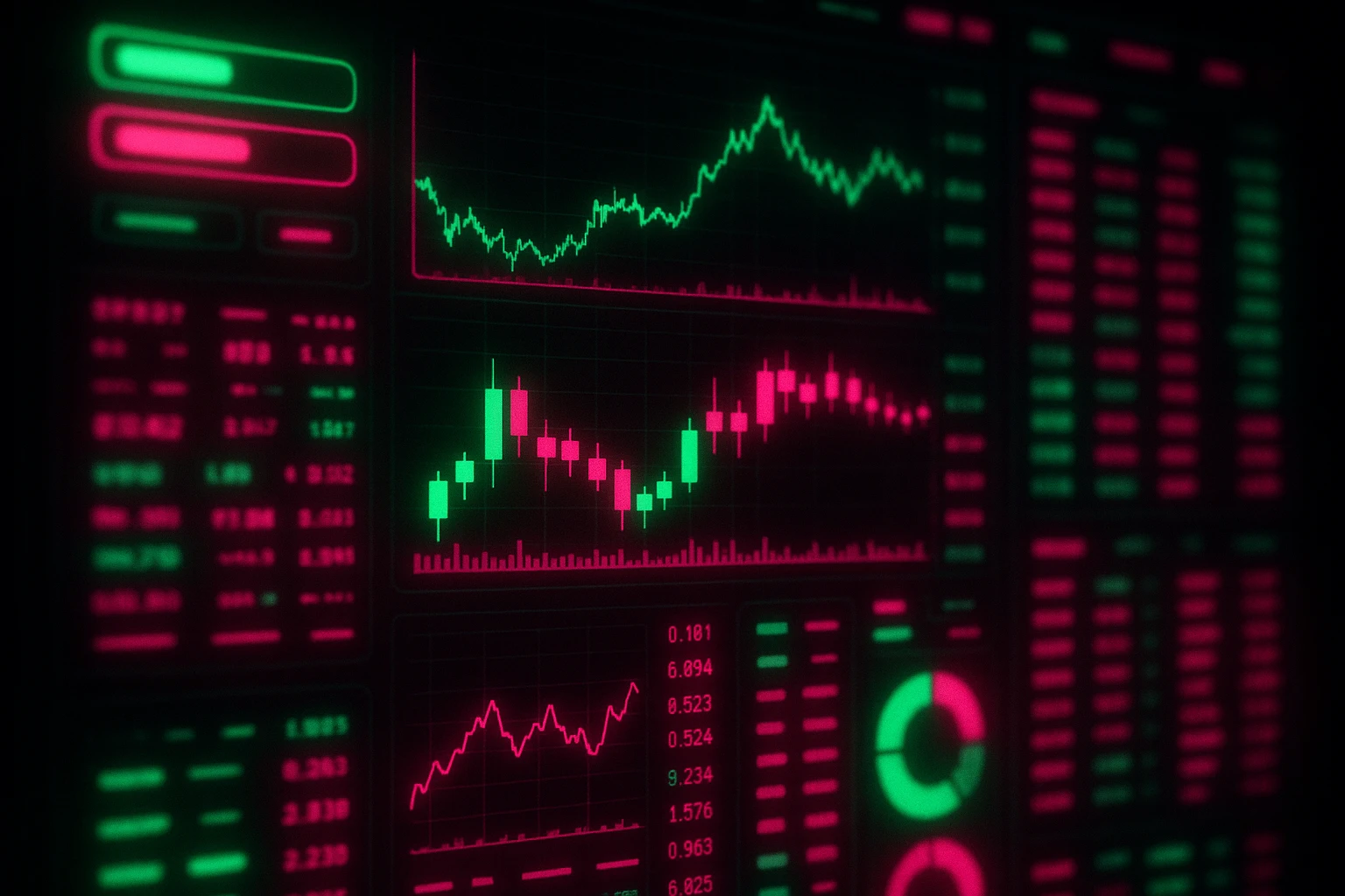 An illustration of an early 2020s style crypto dashboard interface with heavy neon glow effects, saturated magenta and green colors against black, representing the maximalist Wave 1 neon aesthetic