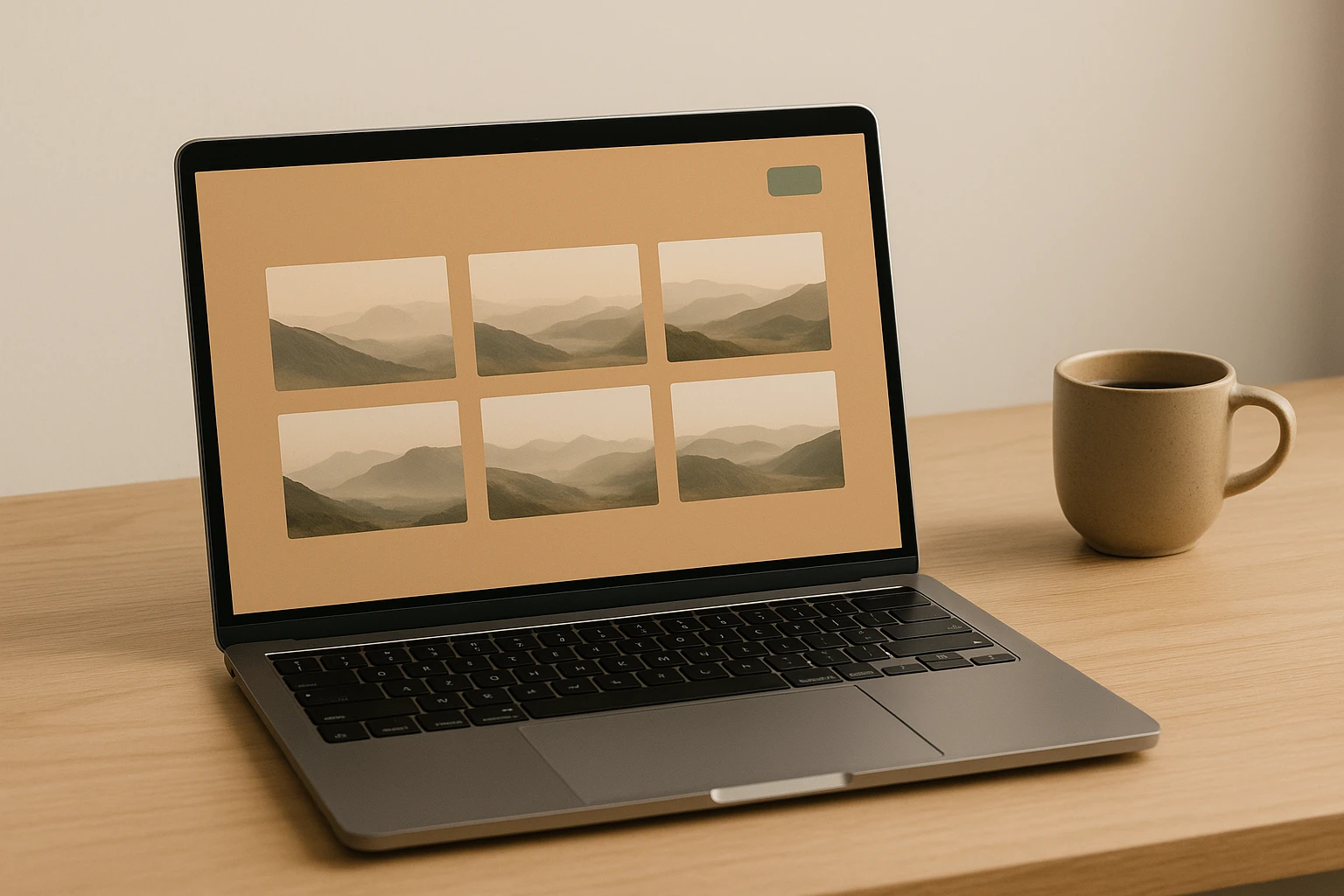 Laptop mockup displaying a portfolio website using the Sandstone Studio warm neutral palette with sandy background and sage green accent button