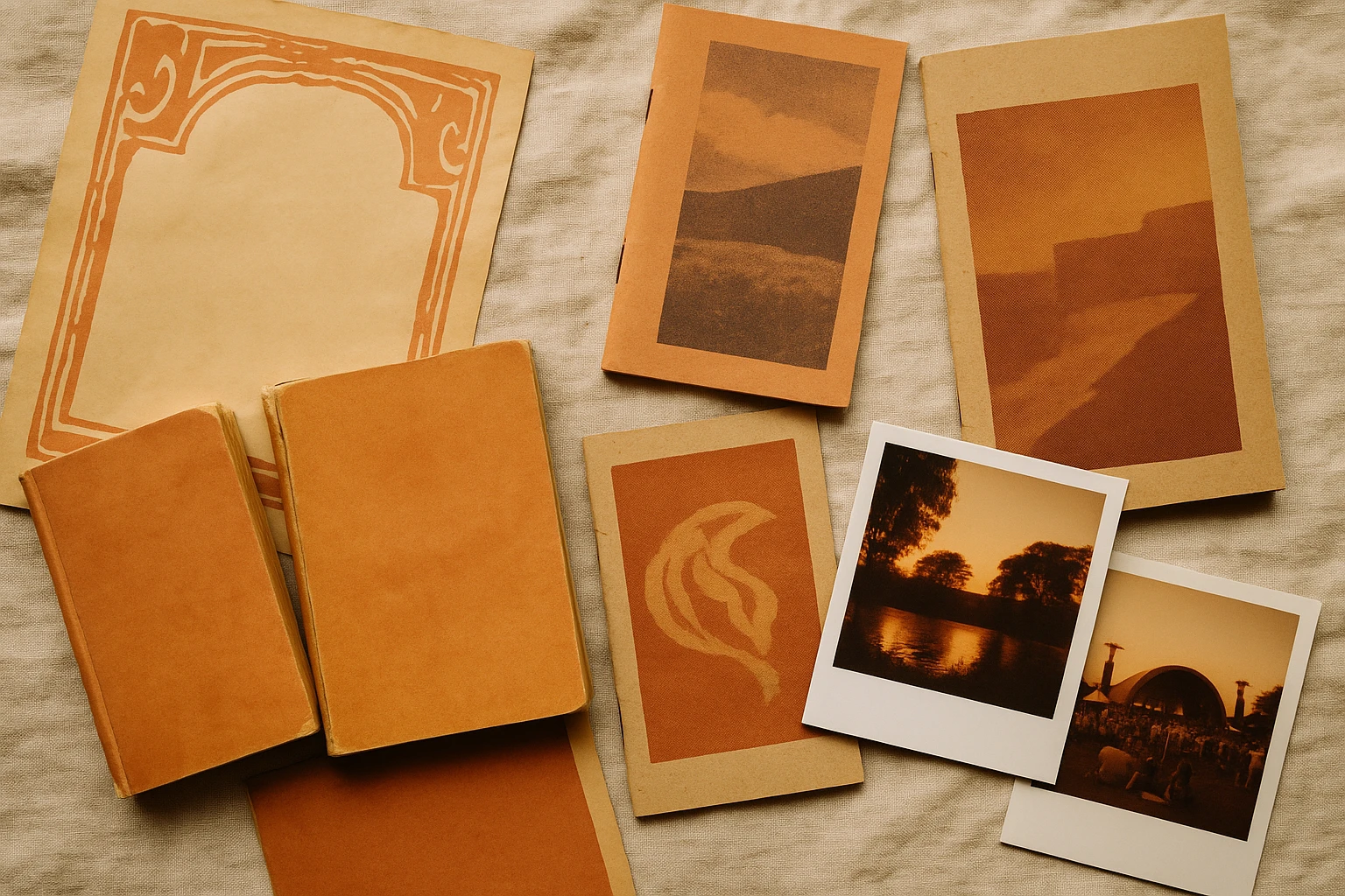 Collection of vintage printed ephemera including faded posters, old book covers, risograph zines, and film photographs, showcasing the muted and warm color palette that inspires the digital patina trend.