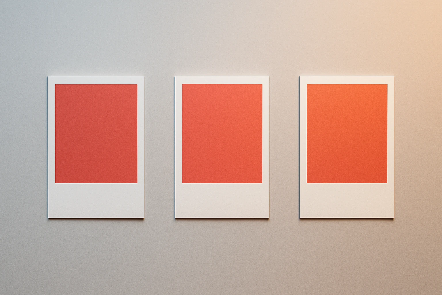 Three identical coral-red color swatches each illuminated by different color temperature lighting, showing how the same physical color appears cooler, neutral, or warmer depending on the ambient light source.