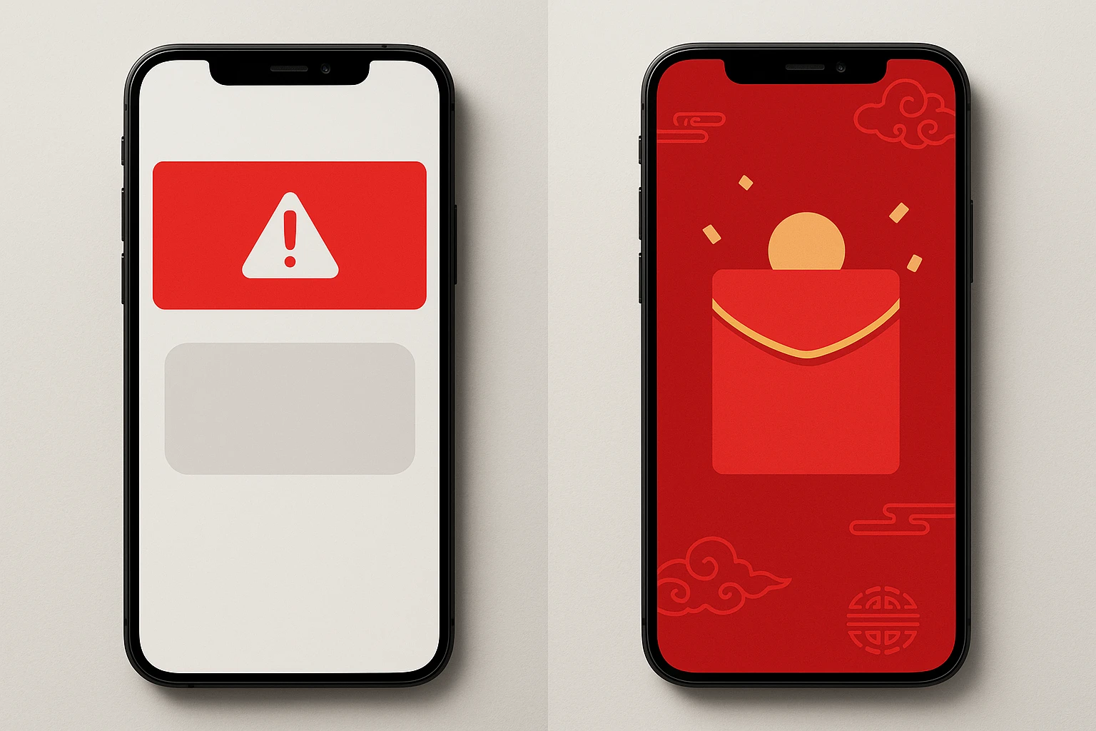 Side-by-side comparison of two smartphone screens showing how red is used for error states in Western UI design versus celebratory success screens in Chinese financial app design