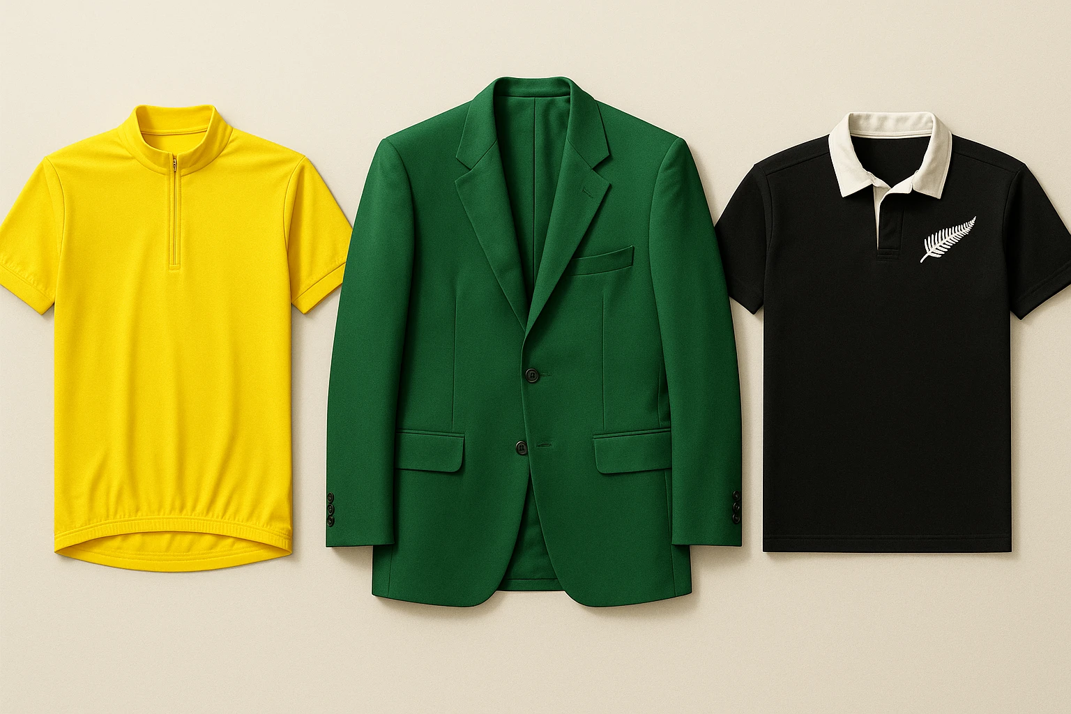 Three iconic sports garments arranged side by side: a yellow Tour de France cycling jersey, a green Masters tournament jacket, and a black All Blacks rugby jersey, illustrating how different sports have developed signature color identities