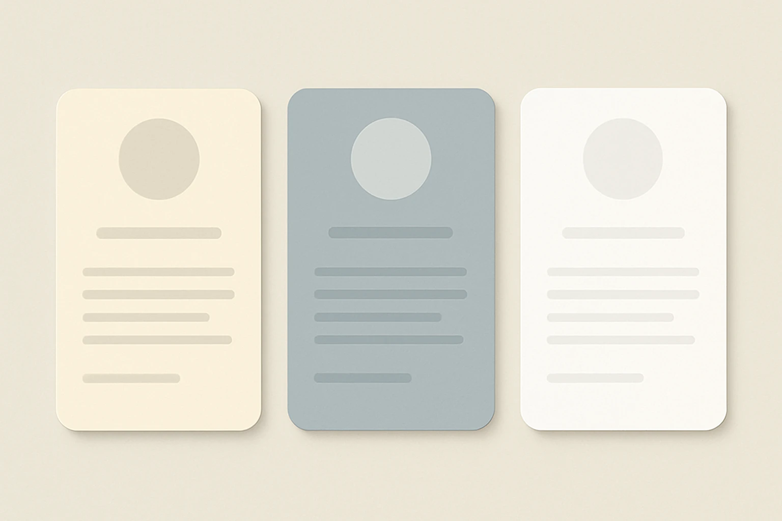 Three UI card mockups showing how the same gray text color appears to shift warm, cool, or neutral depending on the card's background tint.