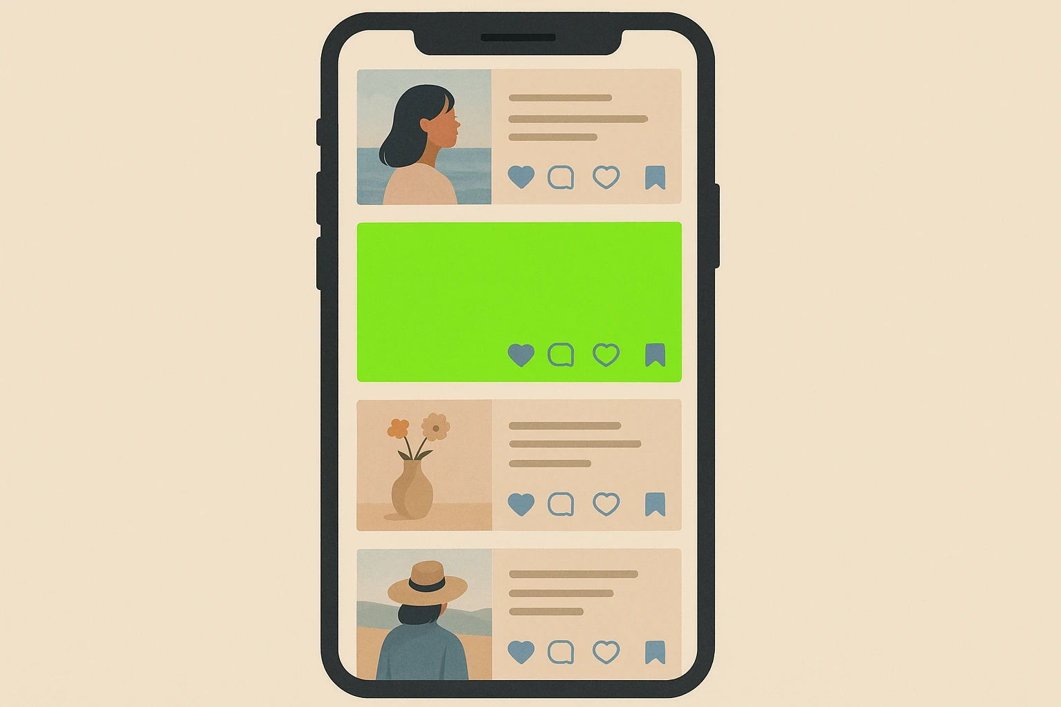Illustration of a social media feed where a bright neon green post stands out dramatically against surrounding muted beige and blue content, demonstrating chromatic distinctiveness