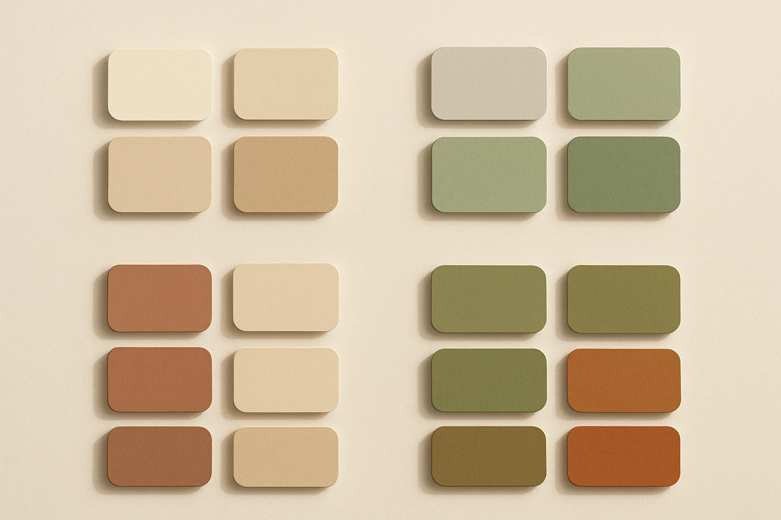 A grid of muted color swatches organized in four groups representing the palettes of leading brands in the 2026 desaturated design trend, featuring warm ivories, clay tones, sage greens, and muted terracottas.