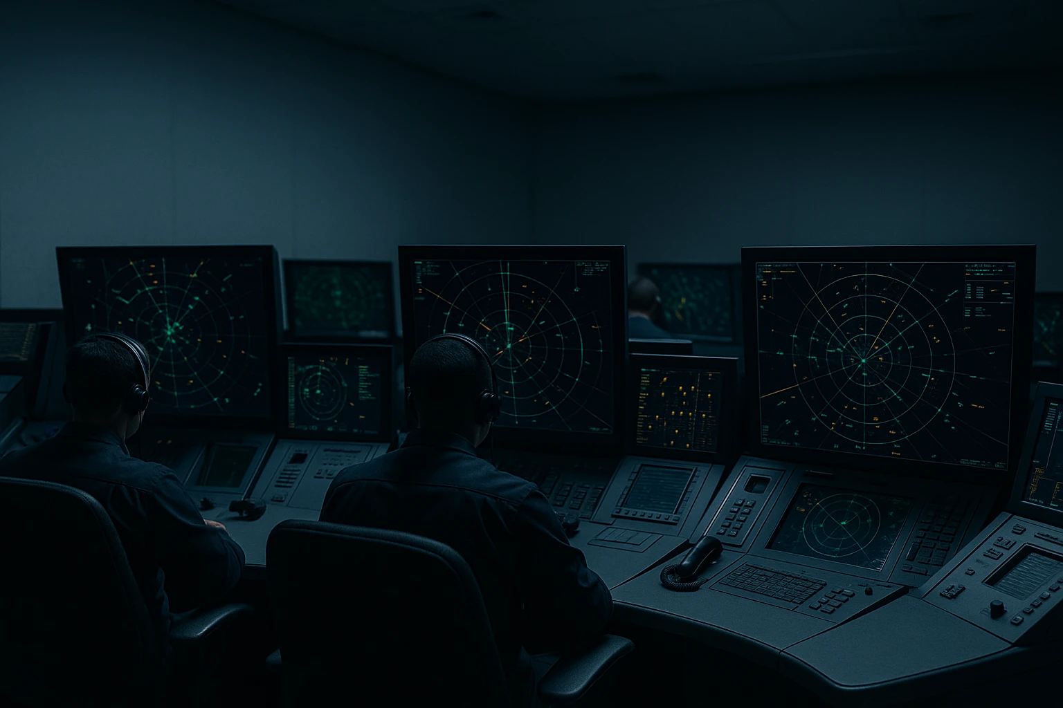 Interior of a modern air traffic control room showing dark radar displays with precise green, amber, and cyan indicators in a deliberately muted, low-saturation environment
