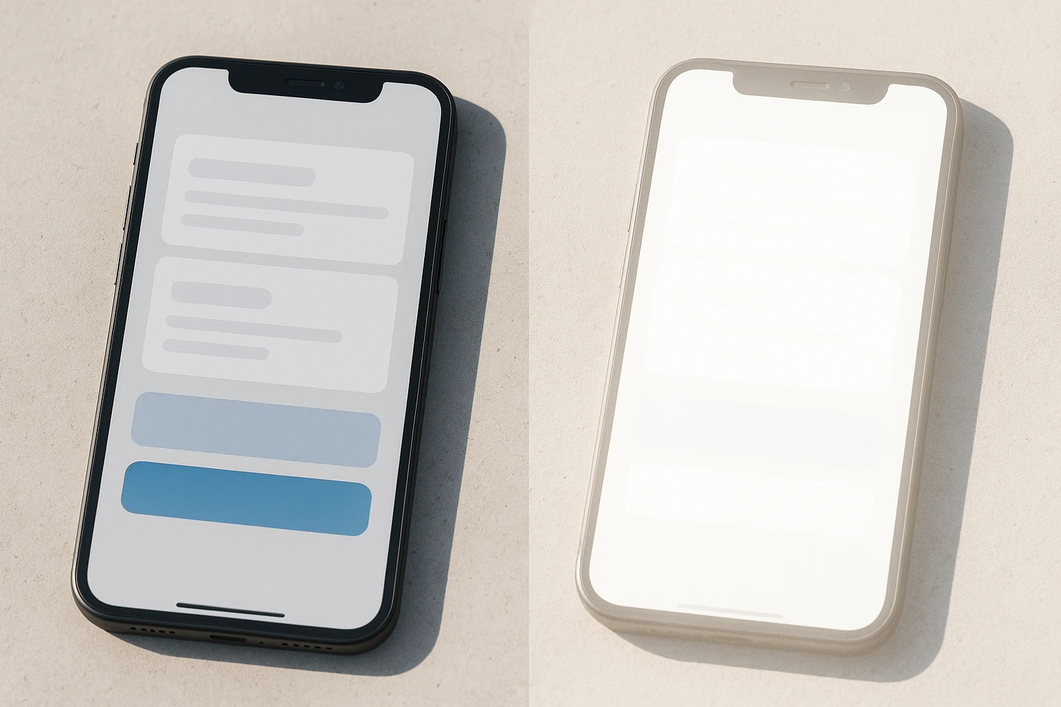 Side-by-side comparison of a mobile UI under normal indoor conditions versus the same UI under a simulated sunlight wash-out overlay, showing how elements disappear in bright ambient light.