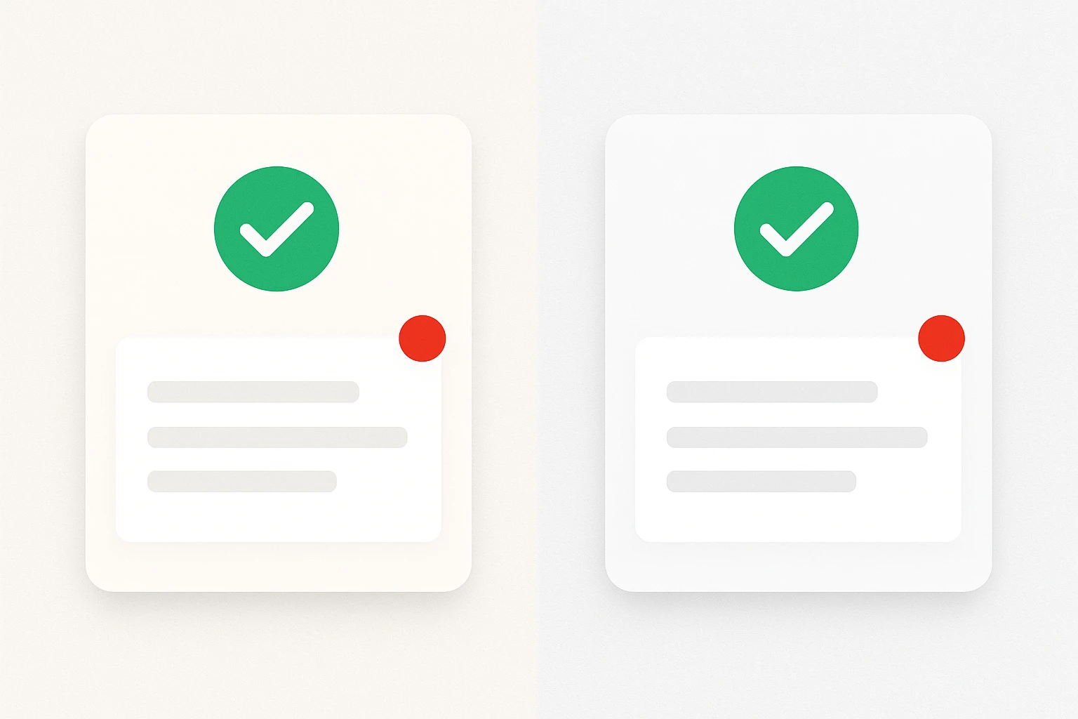 Two identical UI card components shown side by side, differing only in background surface color (warm gray versus cool gray), demonstrating how the same icon and status badge colors appear perceptually shifted depending on the surrounding surface tone.