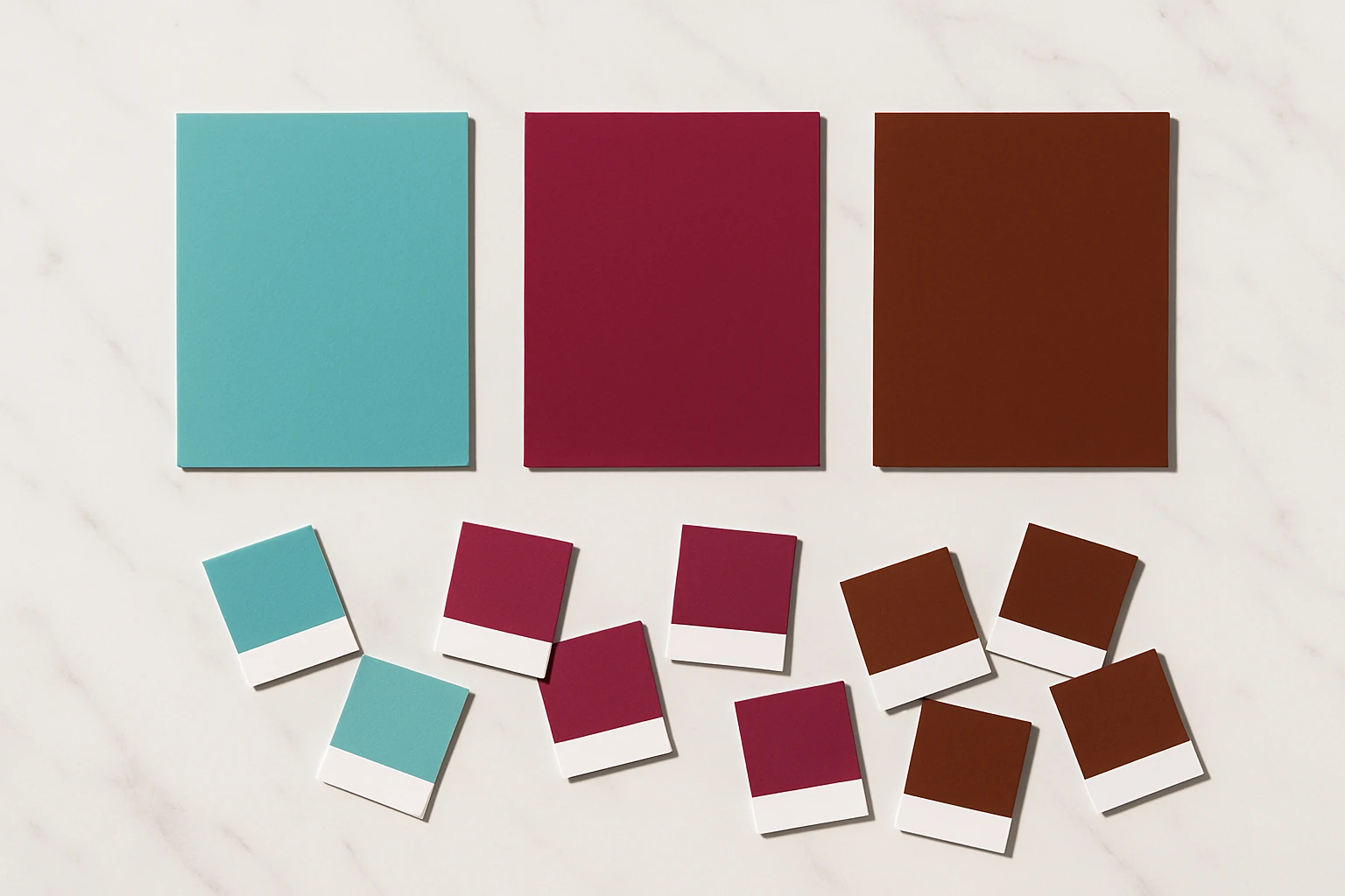 Pantone-style color swatches in robin-egg blue, magenta, and brown arranged on a marble surface, representing the trademarked colors of Tiffany, T-Mobile, and UPS.