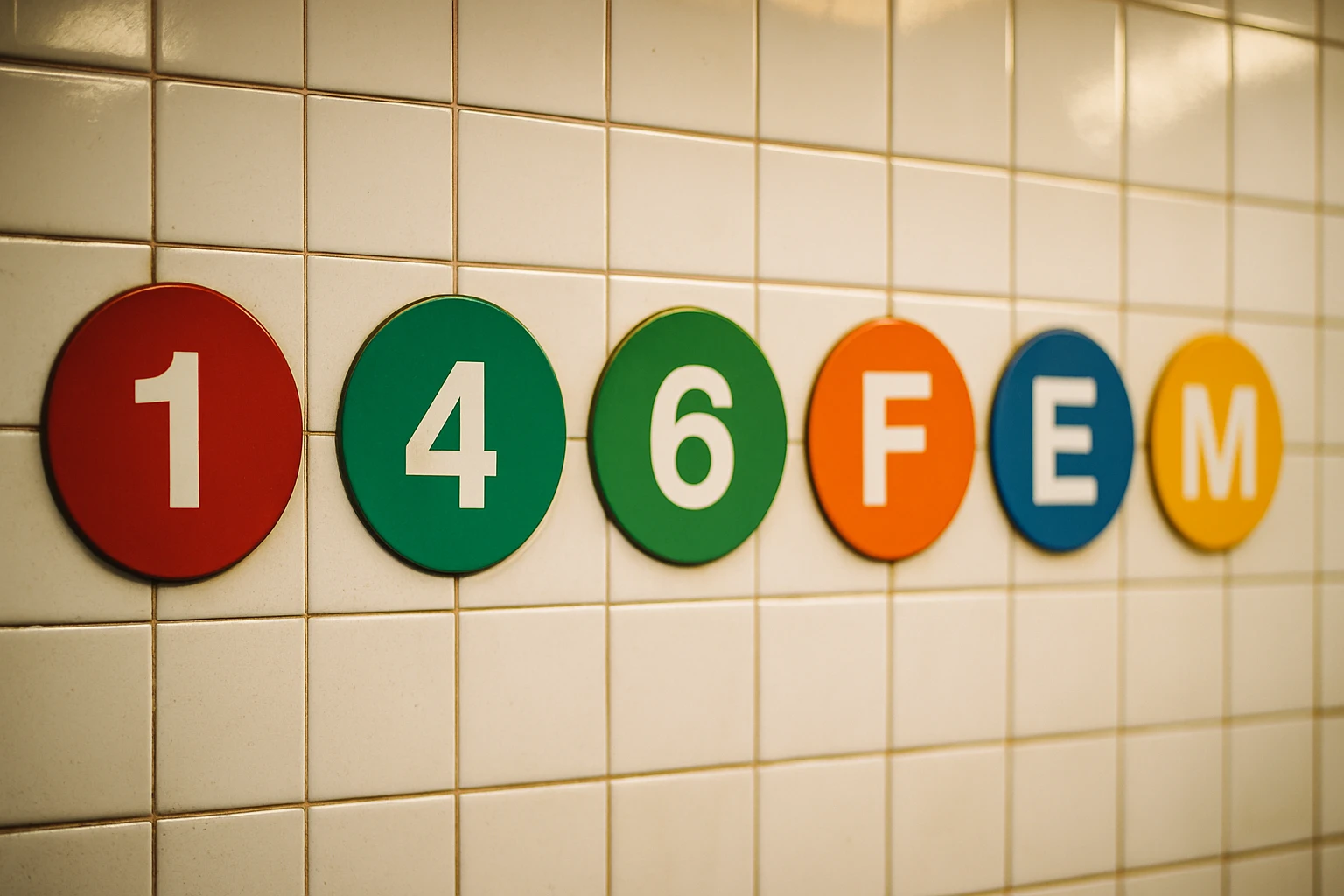 Colored MTA subway bullet signs mounted on a white tile station wall showing the iconic circle-and-letter design in red, green, orange, blue, and yellow