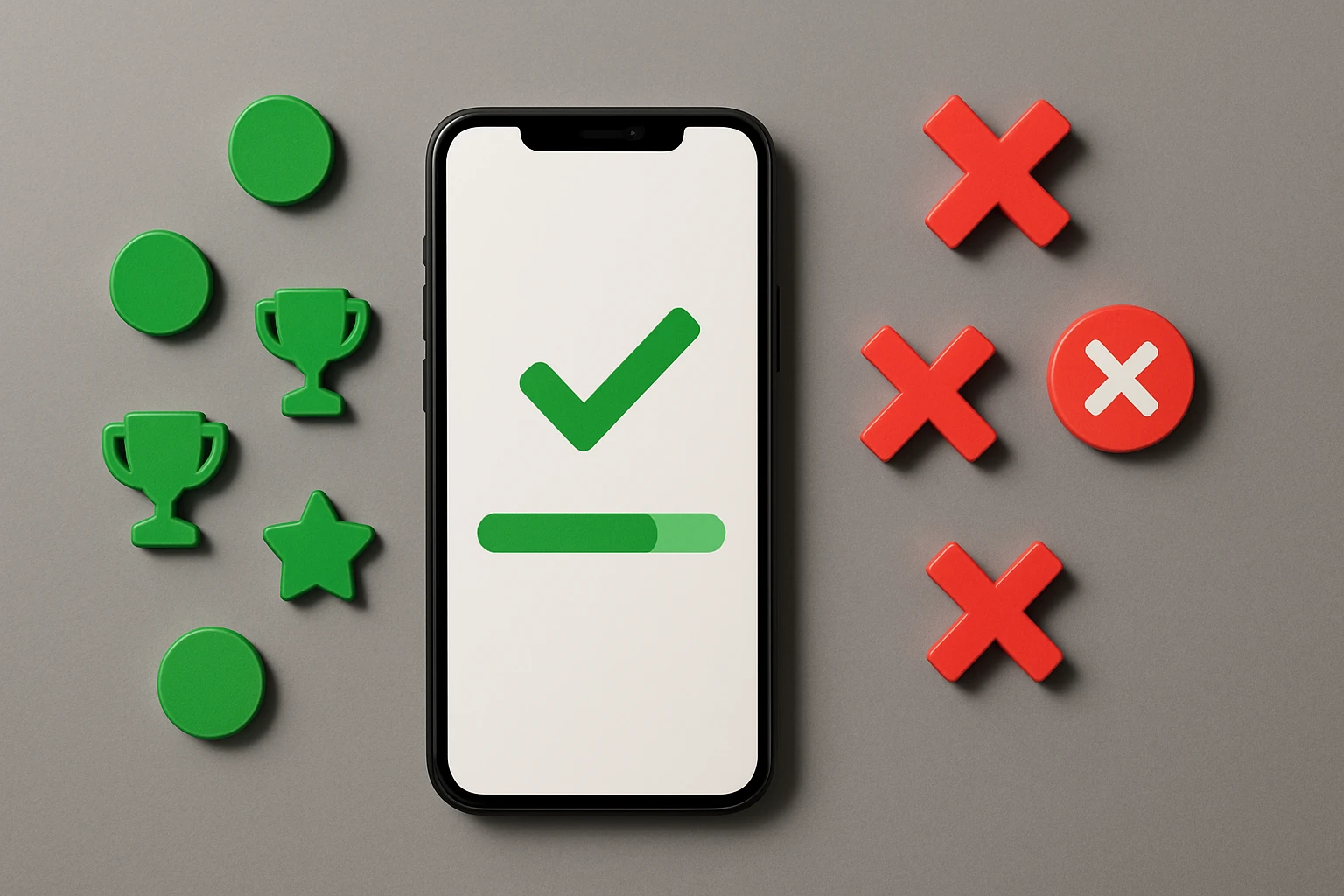 A flat-lay composition contrasting green reward elements like progress bars and checkmarks with red and orange error indicators, illustrating how Duolingo maps color to success and failure states.