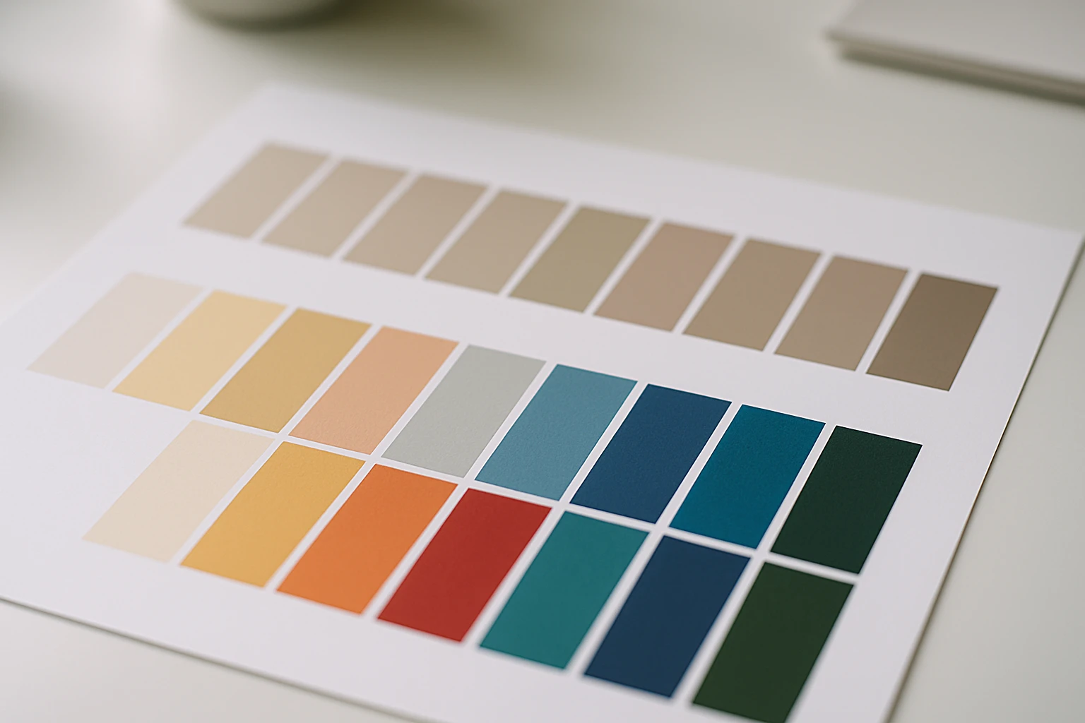 Comparison of two rows of color swatches showing the difference between poorly spaced colors and well-spaced colors using lightness staggering