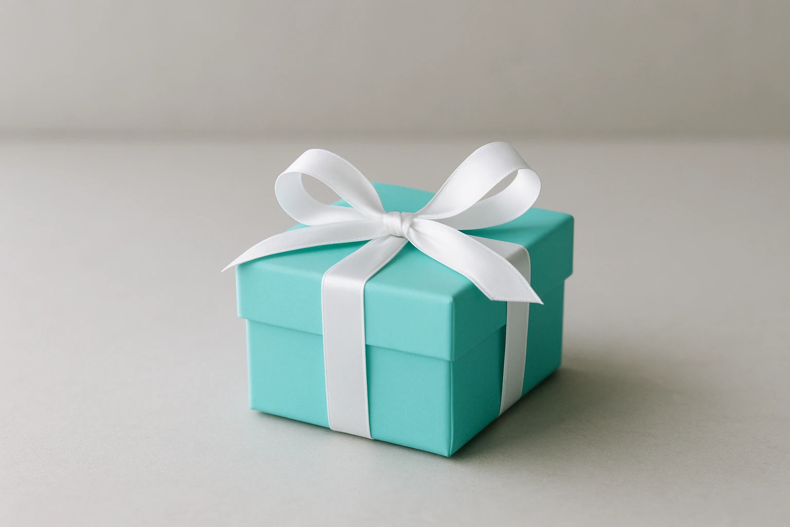 A robin's egg blue gift box with white ribbon on a neutral background, demonstrating how a distinctive color triggers brand recognition without any visible logo or text
