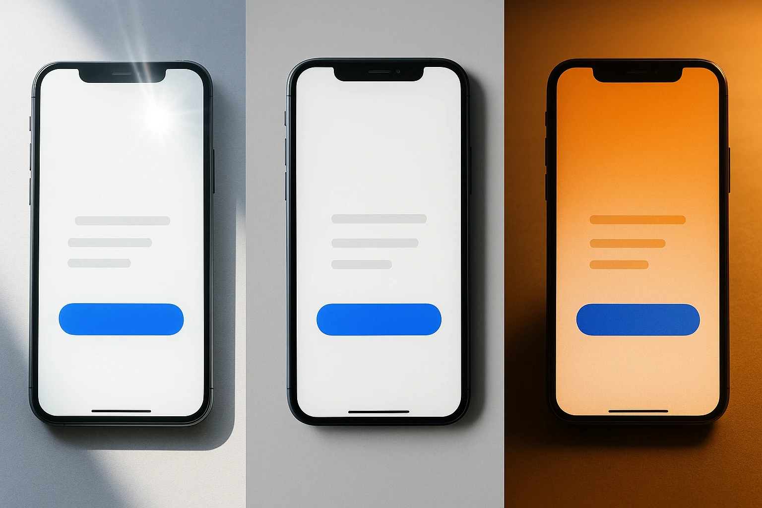 Three identical phones showing the same app interface under different lighting conditions: bright daylight, neutral office light, and warm evening lamplight, demonstrating how screen colors shift with ambient illumination