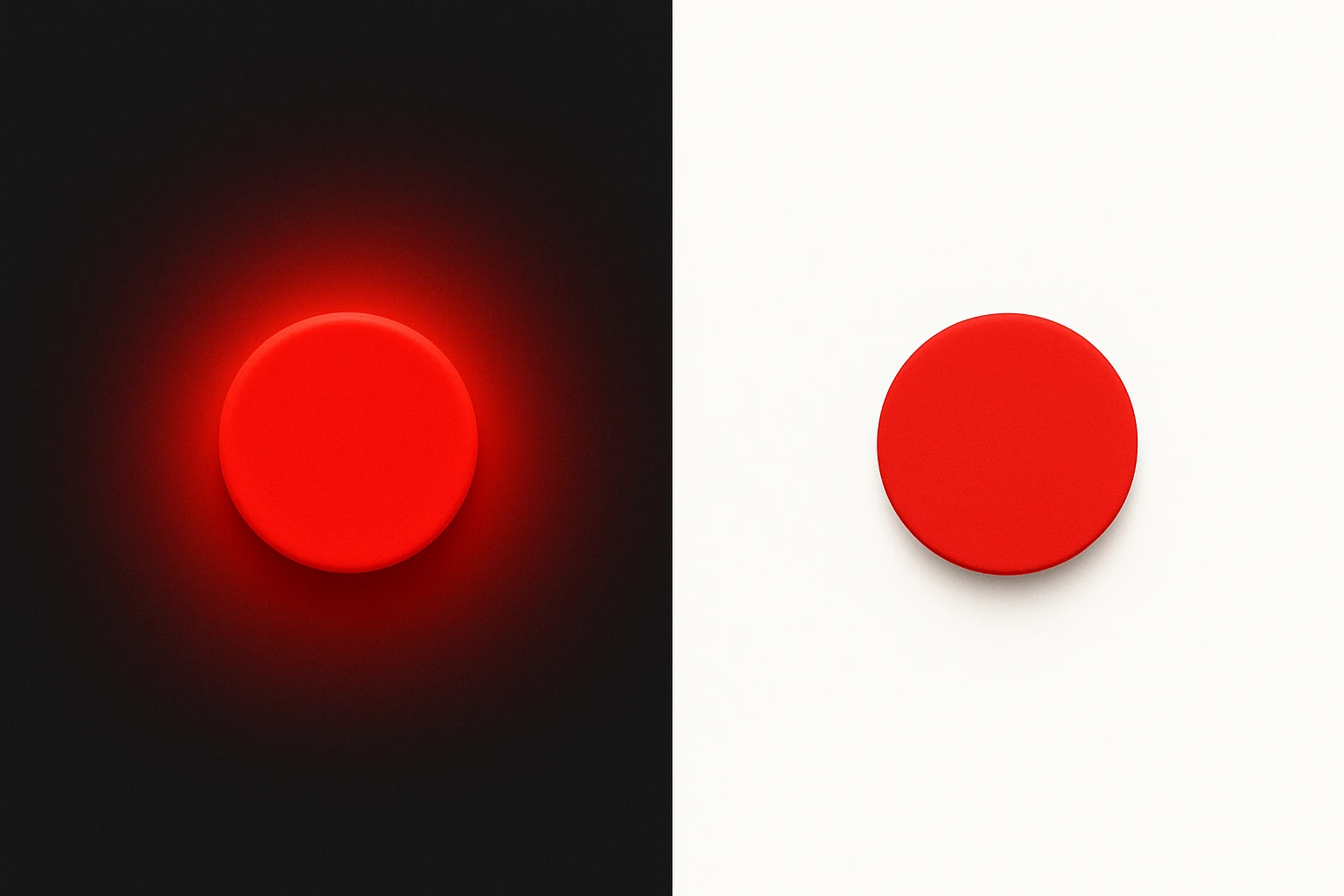 Split-screen showing a saturated red button on dark versus light backgrounds, illustrating how the Helmholtz–Kohlrausch glow effect is strongest in dark mode and diminished on light backgrounds.