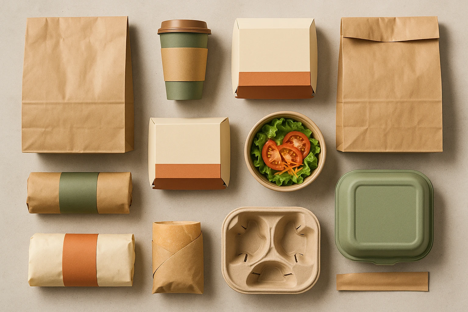 Flat-lay photograph of modern fast food packaging in earthy tones including kraft brown, olive green, and cream, arranged on a concrete surface