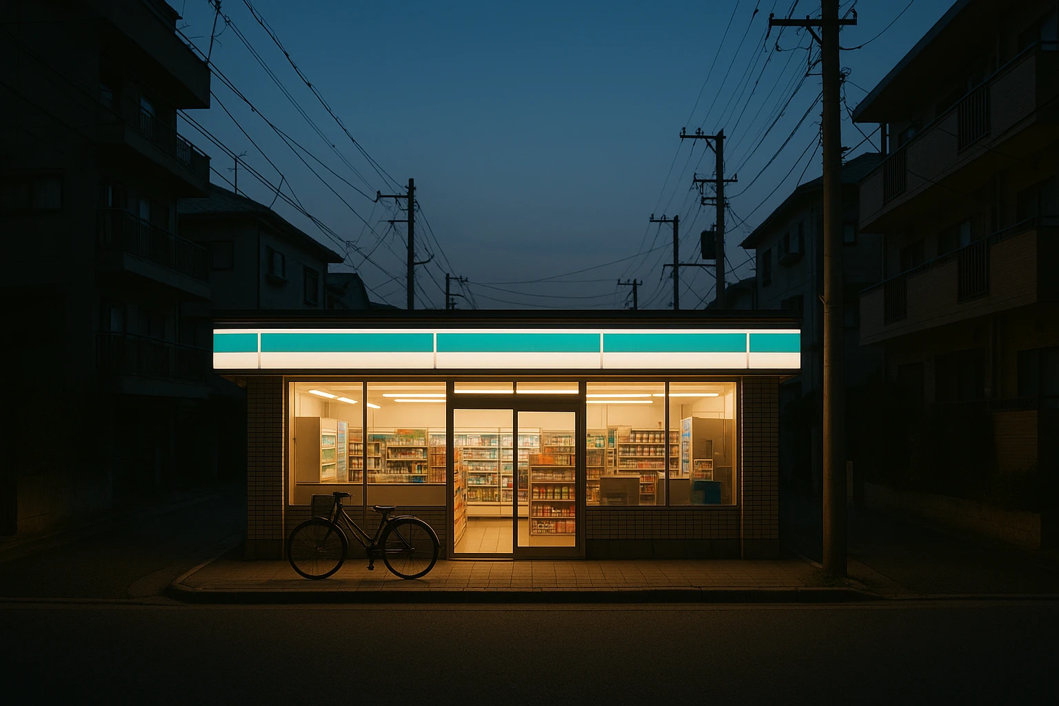 A FamilyMart-style convenience store at dusk on a quiet Tokyo residential street, its teal-and-white facade glowing brightly as a neighborhood landmark among low-rise apartments.