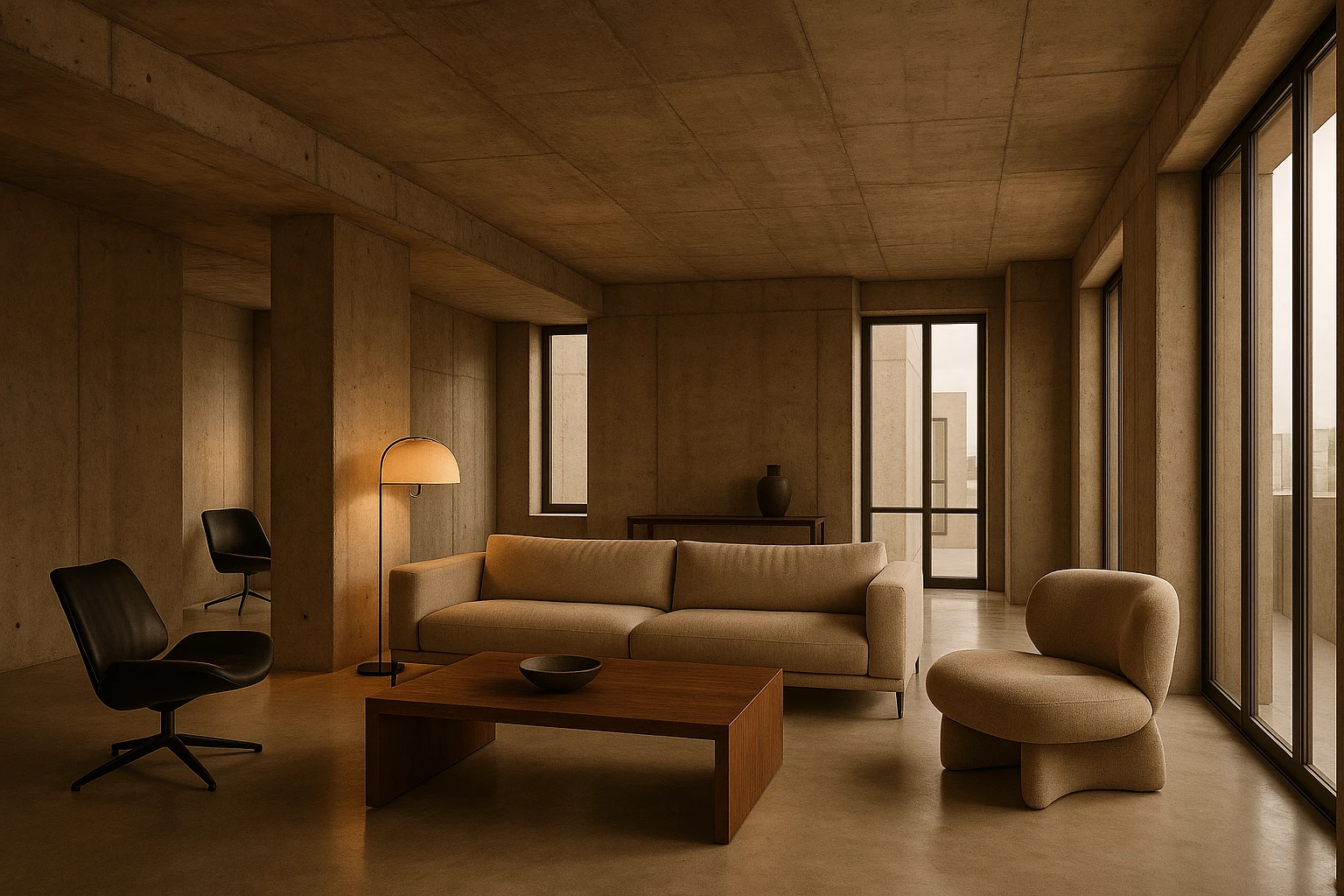 A contemporary luxury apartment interior celebrating exposed raw concrete walls and ceiling with minimalist designer furniture and warm ambient lighting