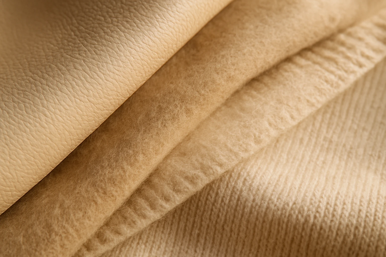 Close-up of luxury neutral textiles showing the grain of pale leather, the nap of undyed wool, and cashmere knit texture in characteristic quiet luxury tones