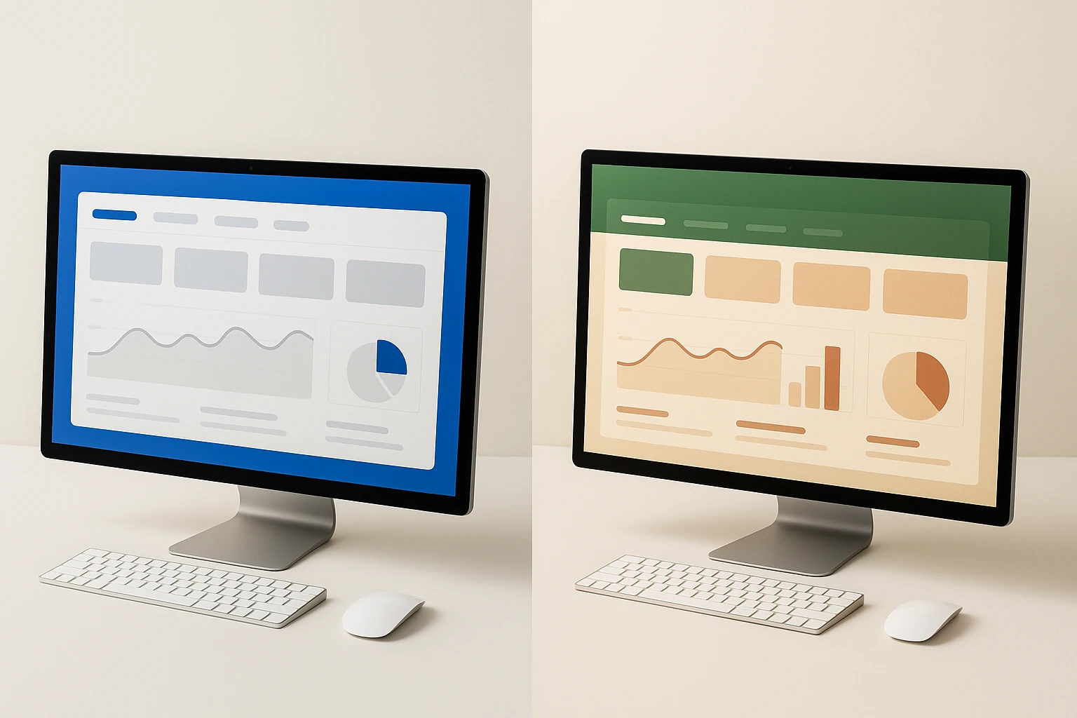 Side-by-side comparison of a SaaS dashboard in classic blue-and-white design versus a biophilic redesign with moss green, parchment, and clay tones