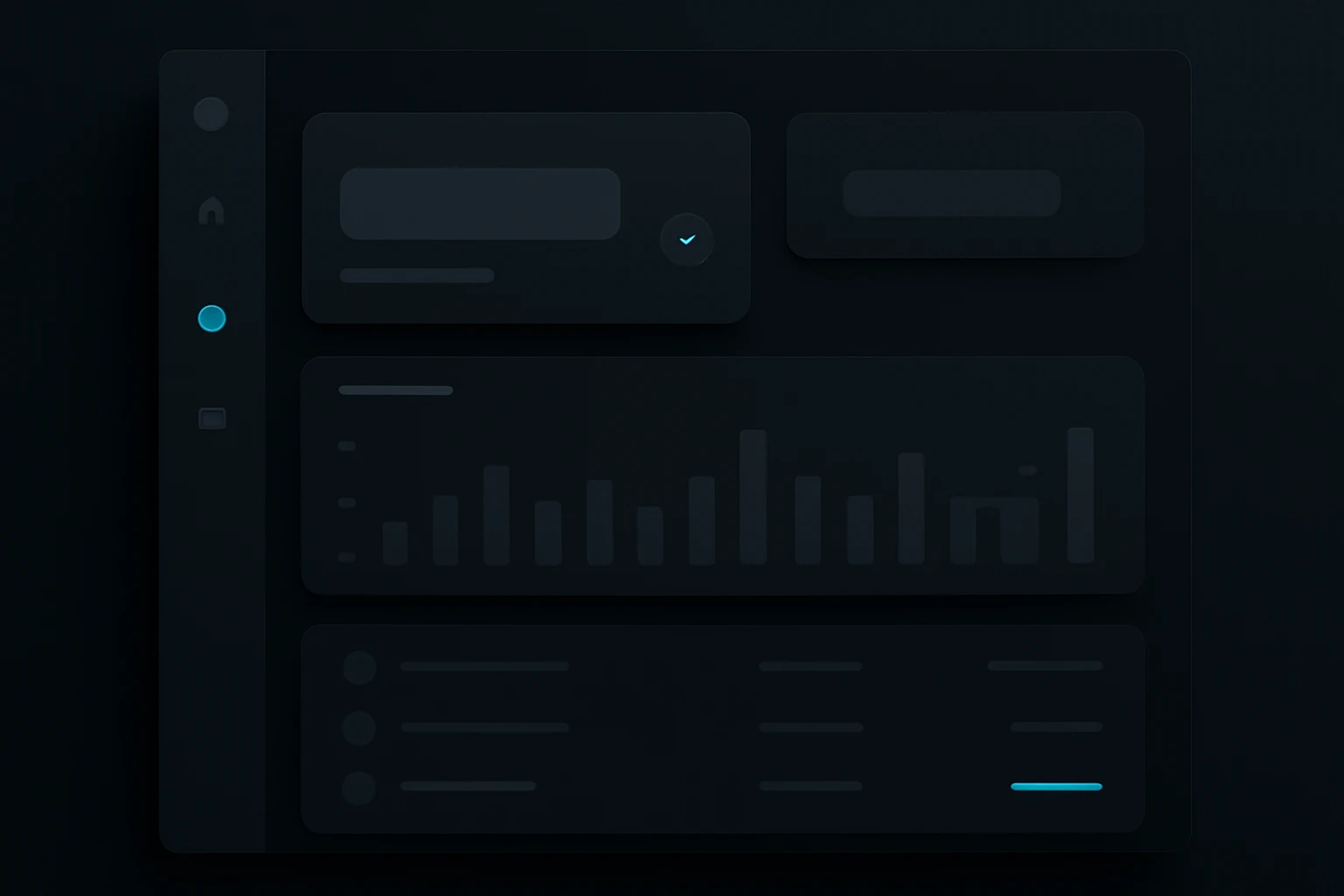 A modern fintech dashboard interface showing restrained neon design with a single teal accent color against a deep navy-black background, demonstrating the Wave 2 approach of using neon sparingly as a signal