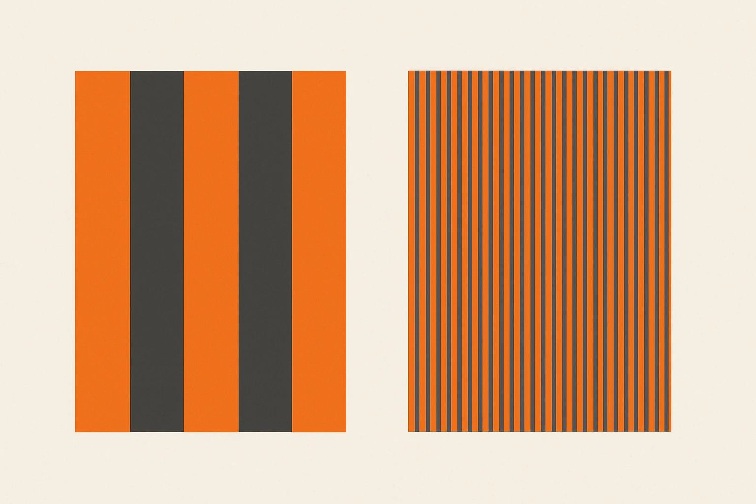 Diagram comparing simultaneous contrast with bold stripes pushing colors apart versus assimilation with fine stripes pulling colors together, demonstrating how spatial frequency determines which perceptual effect dominates