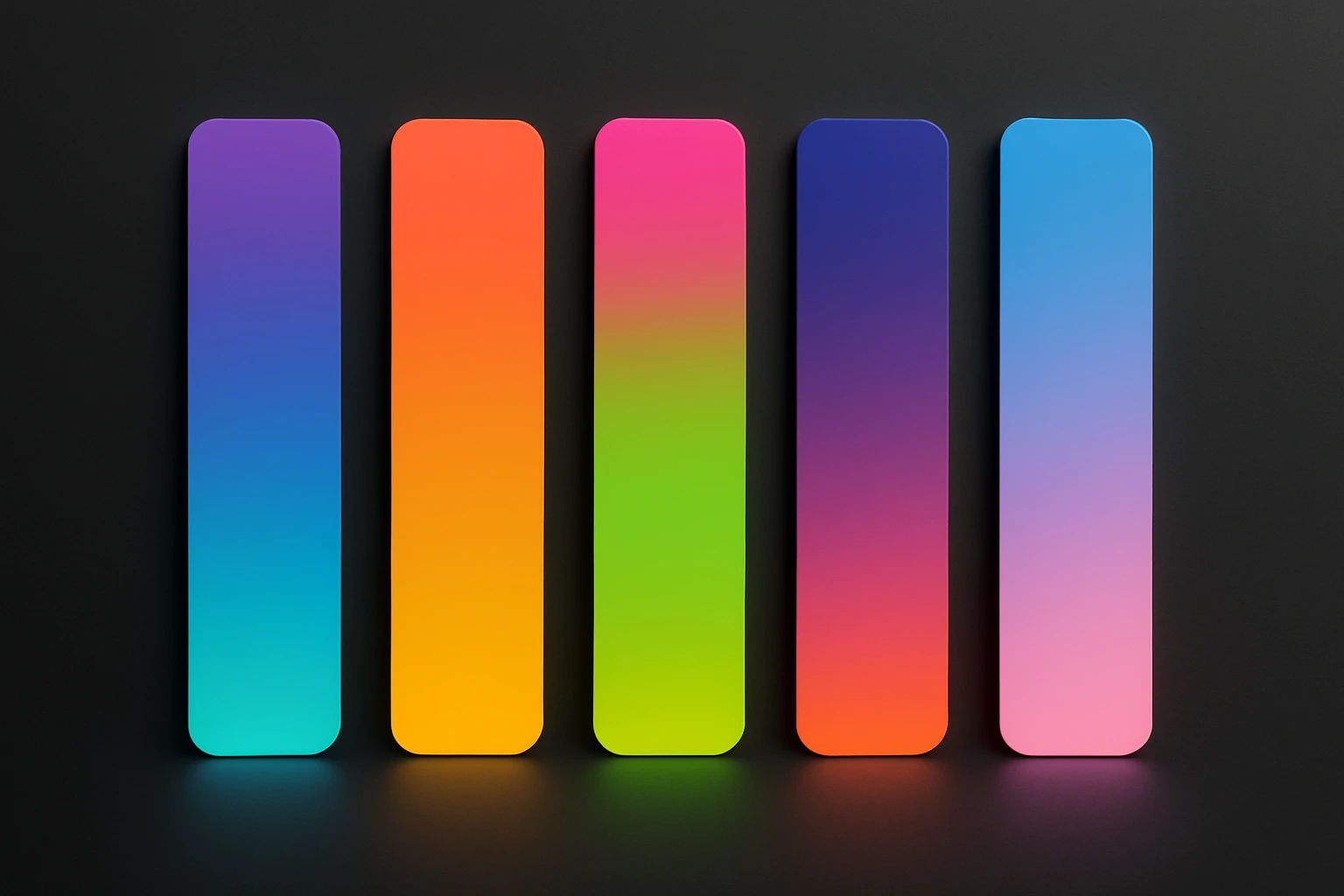 Five vertical neo-chromatic gradient palette strips displayed side by side on a dark background, showing violet-cyan, coral-amber, magenta-lime, indigo-pink-orange, and blue-pink color transitions