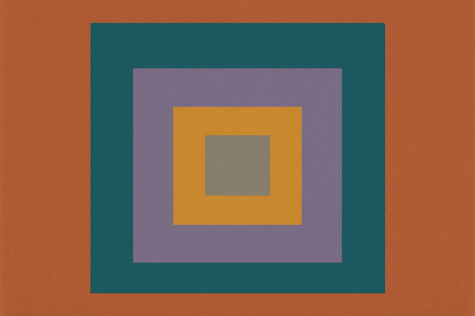 An abstract geometric illustration of nested colored squares inspired by Josef Albers, with a neutral grey center that appears to shift hue based on its surrounding colors.
